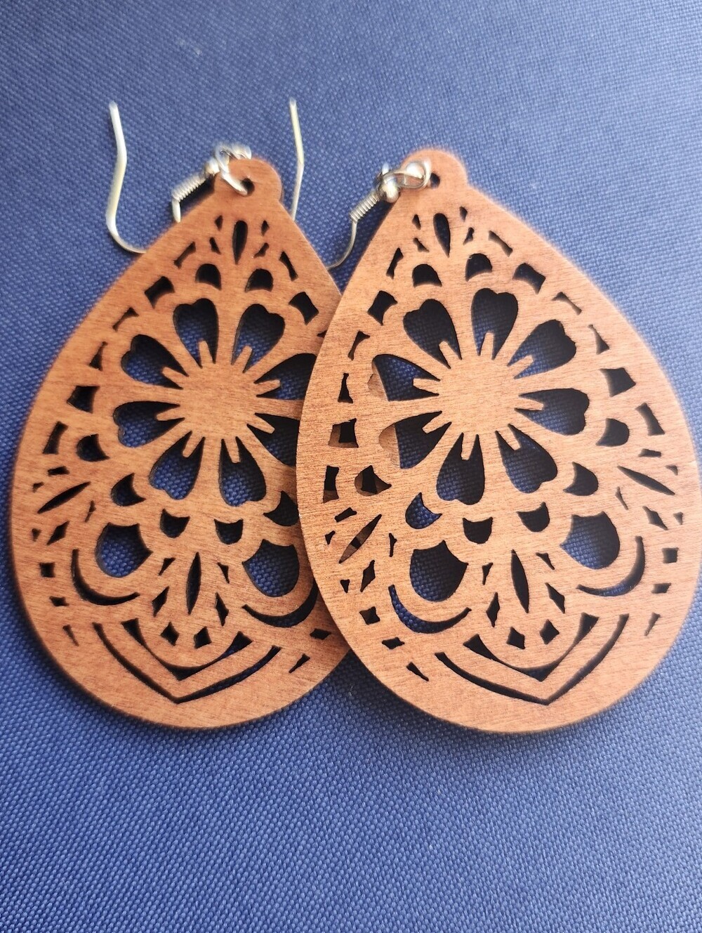 Handmade Wooden Teardrop Filigree Earrings - Brown